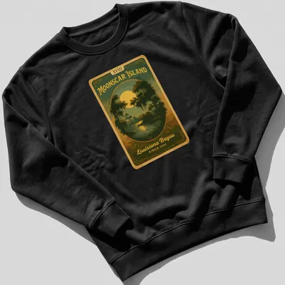 Vintage design featuring Moonscar Island text with bayou themes in green, yellow, brown, and black. — printed on a unisex sweatshirt