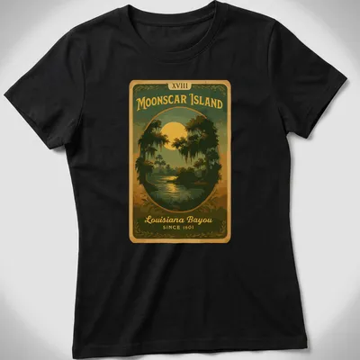 Vintage design featuring Moonscar Island text with bayou themes in green, yellow, brown, and black. — printed on a women's shirt
