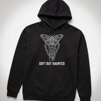 White line art of a skeleton hand holding a moth with the text Soft But Haunted — printed on a unisex hoodie