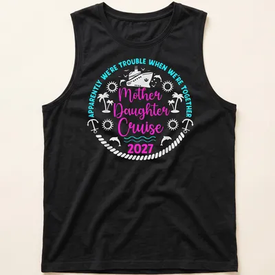 Playful typography shirt featuring Mother Daughter Cruise text in pink and turquoise — printed on a tank top