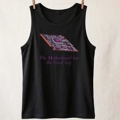 Digital illustration of a motherboard with bold text: The Motherboard has the Final Say — printed on a tank top