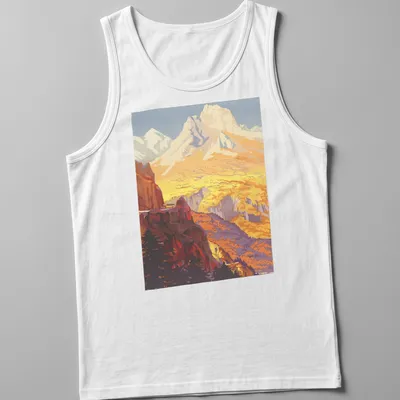 Vintage illustration of a mountain landscape with the text 'GOLDEN VIEW' in gold and orange — printed on a tank top