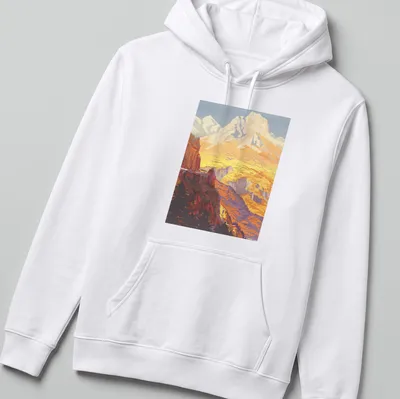 Vintage illustration of a mountain landscape with the text 'GOLDEN VIEW' in gold and orange — printed on a unisex hoodie