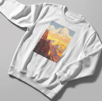 Vintage illustration of a mountain landscape with the text 'GOLDEN VIEW' in gold and orange — printed on a unisex sweatshirt
