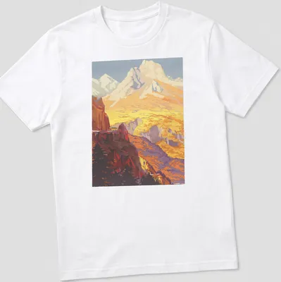 Vintage illustration of a mountain landscape with the text 'GOLDEN VIEW' in gold and orange