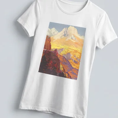 Vintage illustration of a mountain landscape with the text 'GOLDEN VIEW' in gold and orange — printed on a women's shirt