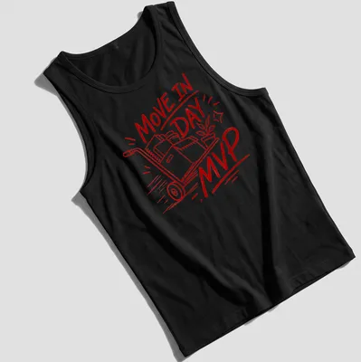 Bold line-art t-shirt featuring the text Move In Day MVP with a moving cart graphic. — printed on a tank top