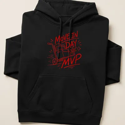 Bold line-art t-shirt featuring the text Move In Day MVP with a moving cart graphic. — printed on a unisex hoodie