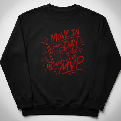 Bold line-art t-shirt featuring the text Move In Day MVP with a moving cart graphic. — printed on a unisex sweatshirt