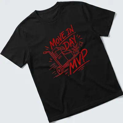 Bold line-art t-shirt featuring the text Move In Day MVP with a moving cart graphic.