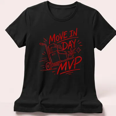 Bold line-art t-shirt featuring the text Move In Day MVP with a moving cart graphic. — printed on a women's shirt