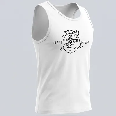 Kawaii illustration of a muscular fish with the words Hell Fish above it in playful lettering — printed on a tank top