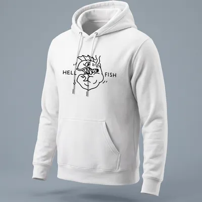 Kawaii illustration of a muscular fish with the words Hell Fish above it in playful lettering — printed on a unisex hoodie