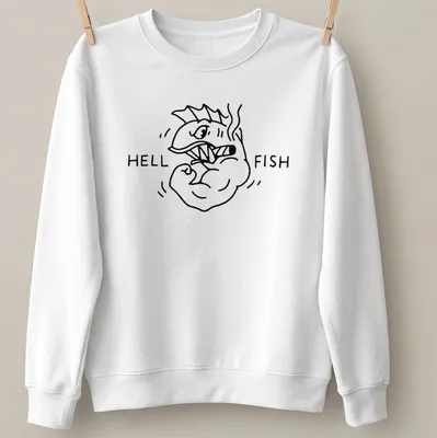 Kawaii illustration of a muscular fish with the words Hell Fish above it in playful lettering — printed on a unisex sweatshirt