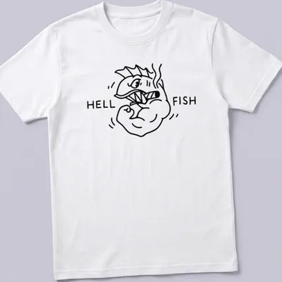 Kawaii illustration of a muscular fish with the words Hell Fish above it in playful lettering