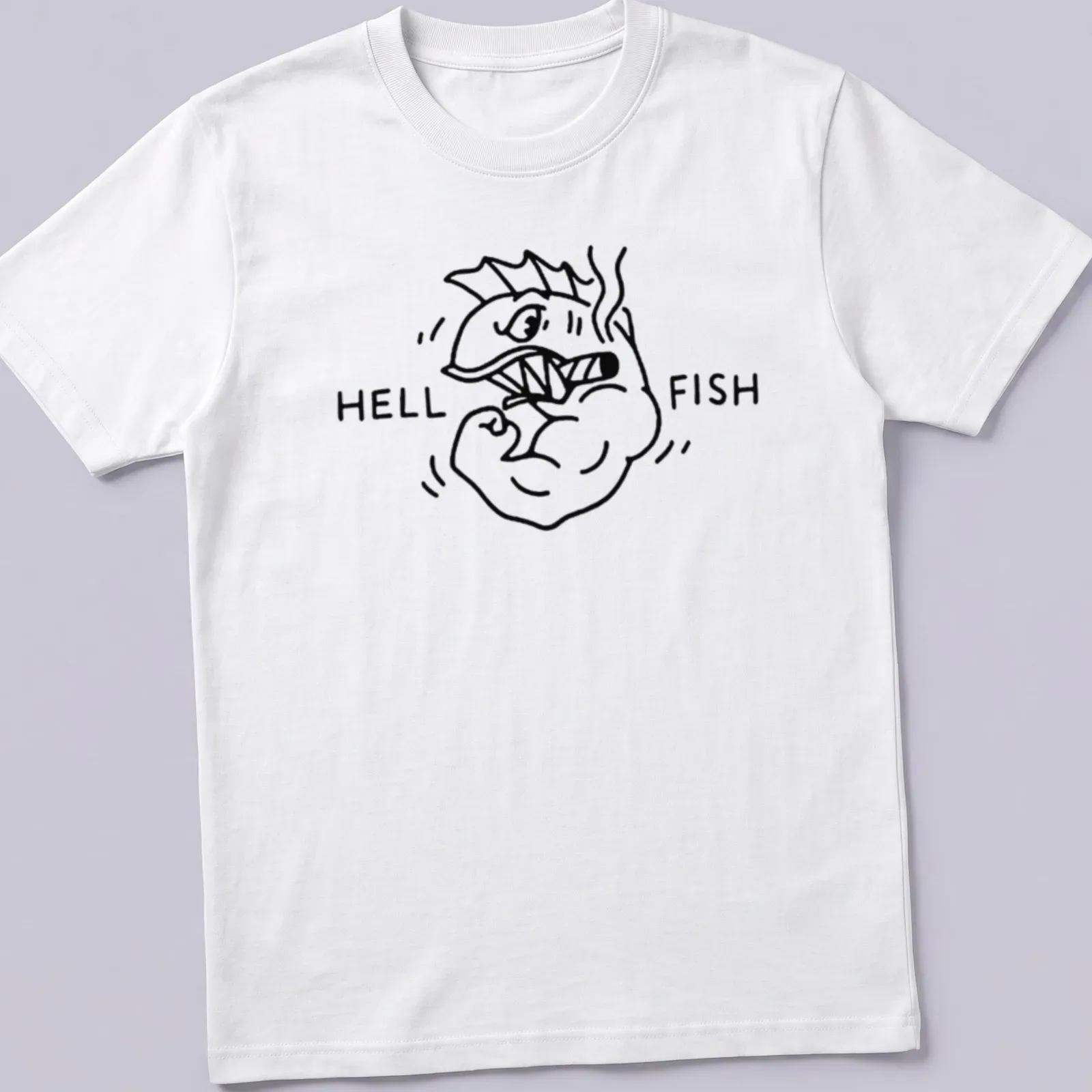 Kawaii illustration of a muscular fish with the words Hell Fish above it in playful lettering — printed on a unisex t-shirt