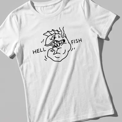 Kawaii illustration of a muscular fish with the words Hell Fish above it in playful lettering — printed on a women's shirt