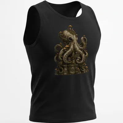 Dark fantasy illustration of a Mushroom Octopus Statue in earthy tones — printed on a tank top