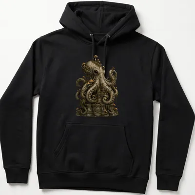 Dark fantasy illustration of a Mushroom Octopus Statue in earthy tones — printed on a unisex hoodie