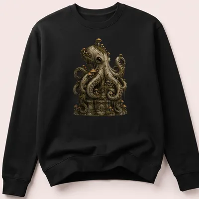 Dark fantasy illustration of a Mushroom Octopus Statue in earthy tones — printed on a unisex sweatshirt
