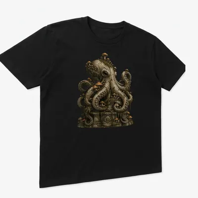 Dark fantasy illustration of a Mushroom Octopus Statue in earthy tones — printed on a unisex t-shirt (angled view)