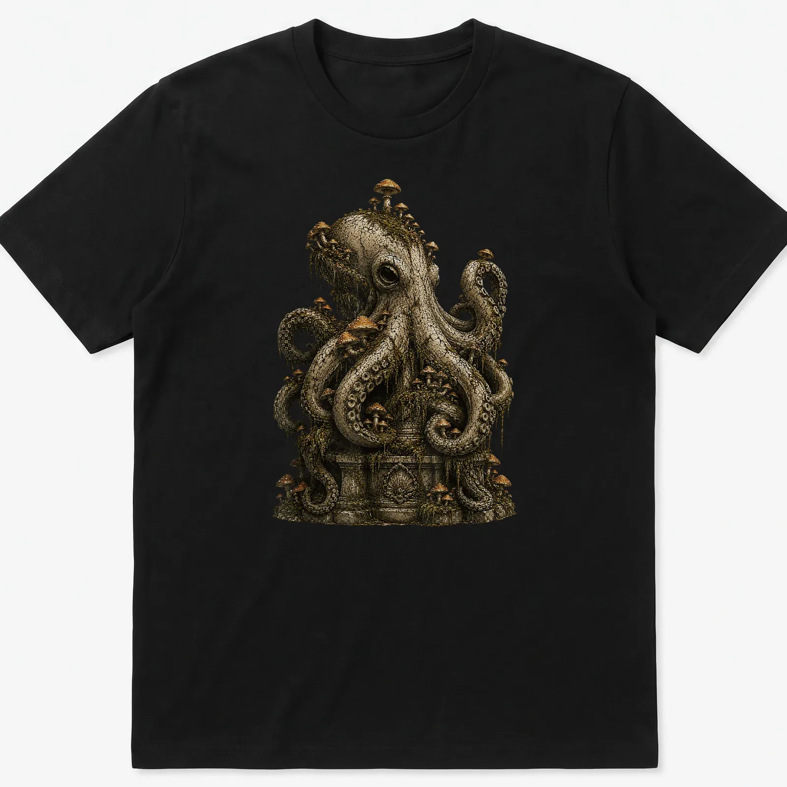 Dark fantasy illustration of a Mushroom Octopus Statue in earthy tones — printed on a unisex t-shirt