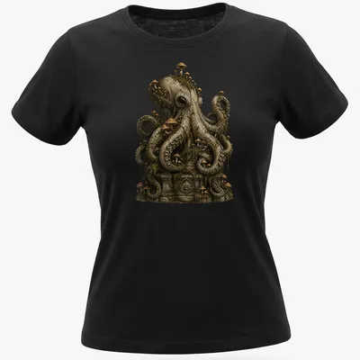Dark fantasy illustration of a Mushroom Octopus Statue in earthy tones — printed on a women's shirt