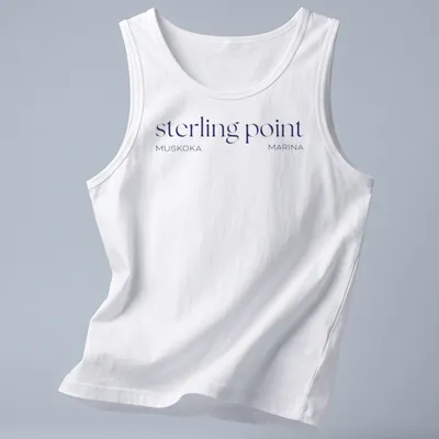 Clean modern Muskoka Marina T-shirt featuring Sterling Point text and lake illustration. — printed on a tank top