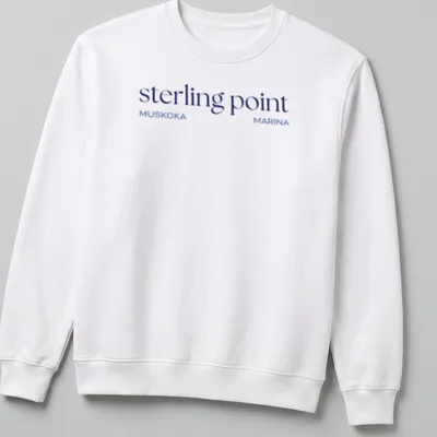 Clean modern Muskoka Marina T-shirt featuring Sterling Point text and lake illustration. — printed on a unisex sweatshirt