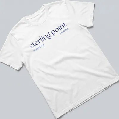 Clean modern Muskoka Marina T-shirt featuring Sterling Point text and lake illustration.