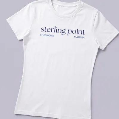 Clean modern Muskoka Marina T-shirt featuring Sterling Point text and lake illustration. — printed on a women's shirt