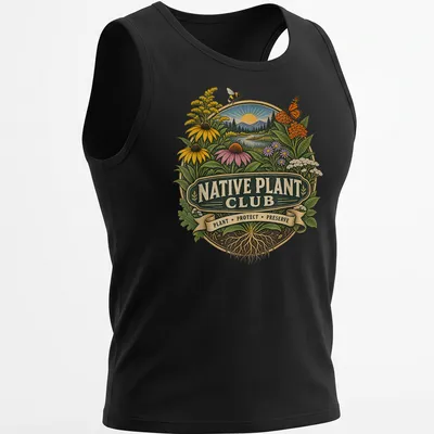 Vintage botanical print featuring native plants and flowers with text. — printed on a tank top