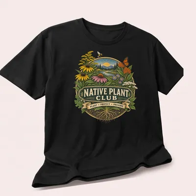 Vintage botanical print featuring native plants and flowers with text. — printed on a unisex t-shirt (angled view)