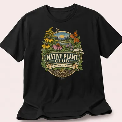 Vintage botanical print featuring native plants and flowers with text. — printed on a unisex t-shirt