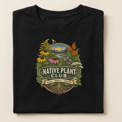 Vintage botanical print featuring native plants and flowers with text. — printed on a women's shirt