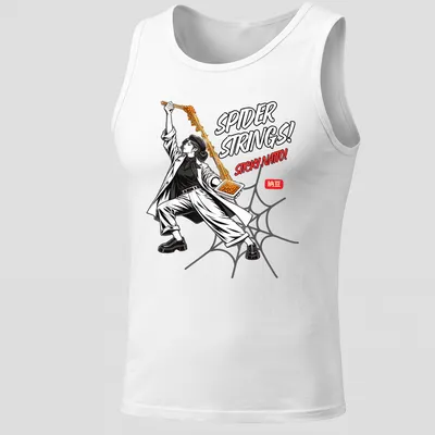 Comic-style graphic of a person holding sticky natto with humorous text — printed on a tank top