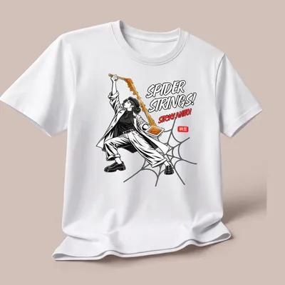 Comic-style graphic of a person holding sticky natto with humorous text — printed on a unisex t-shirt (angled view)