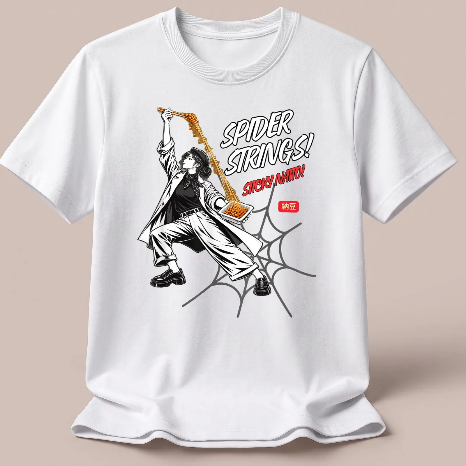 Comic-style graphic of a person holding sticky natto with humorous text — printed on a unisex t-shirt