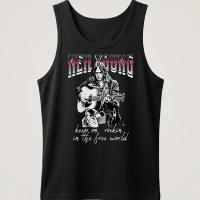 Black and white sketch of Neil Young with the text 'keep on rockin' in the free world' in red — printed on a tank top