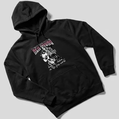 Black and white sketch of Neil Young with the text 'keep on rockin' in the free world' in red — printed on a unisex hoodie