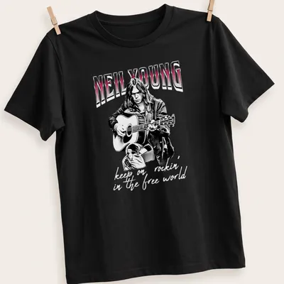 Black and white sketch of Neil Young with the text 'keep on rockin' in the free world' in red
