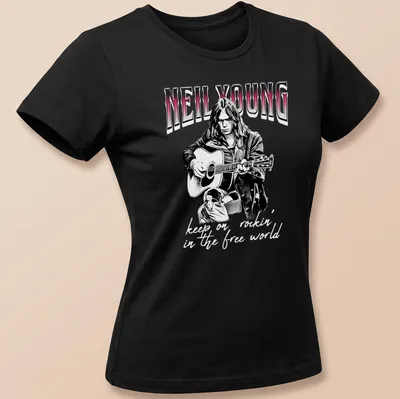 Black and white sketch of Neil Young with the text 'keep on rockin' in the free world' in red — printed on a women's shirt
