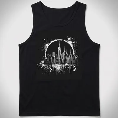 Ink splatter design of the New York City skyline in black and white — printed on a tank top