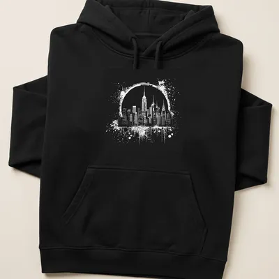 Ink splatter design of the New York City skyline in black and white — printed on a unisex hoodie