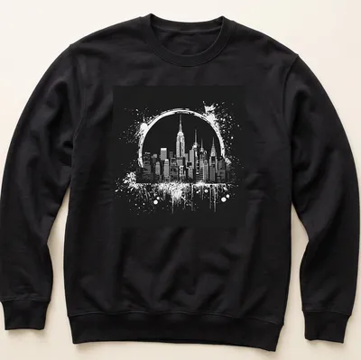 Ink splatter design of the New York City skyline in black and white — printed on a unisex sweatshirt