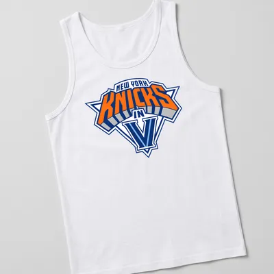 Vintage New York Knicks T-shirt with orange and blue text and team logo — printed on a tank top