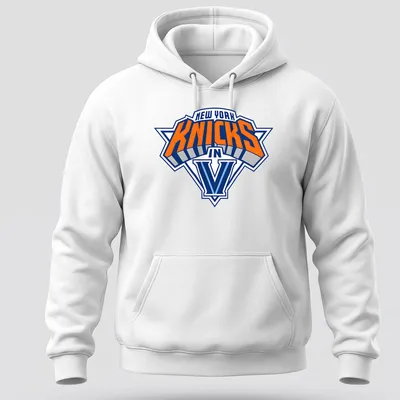 Vintage New York Knicks T-shirt with orange and blue text and team logo — printed on a unisex hoodie