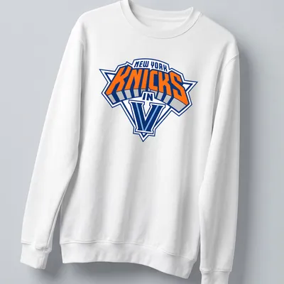 Vintage New York Knicks T-shirt with orange and blue text and team logo — printed on a unisex sweatshirt