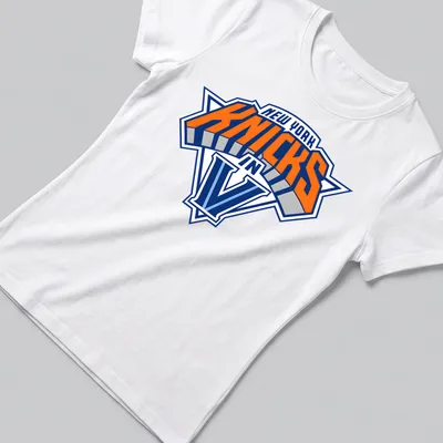 Vintage New York Knicks T-shirt with orange and blue text and team logo — printed on a women's shirt