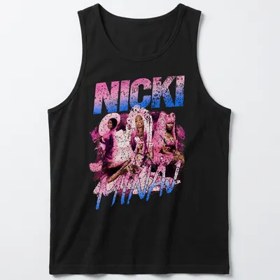 Pop art design featuring Nicki Minaj in vibrant pink, blue, white, and black colors. — printed on a tank top